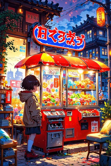 an (((old traditional japanese candy shop))), with a (((dynamic angle of view from above))) that captures the essence of a whimsically playful gashapon, the Japanese version of a candy bar, filled with gummy candy and chocolate, brought to life in a striki...