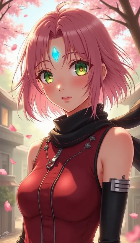 *"An ultra HD 8K anime-inspired illustration of Sakura Haruno, the legendary kunoichi of the Hidden Leaf Village. Her short, silky pink hair glows under the golden sunlight, with strands gently lifted by the breeze. Her striking emerald-green eyes radiate ...