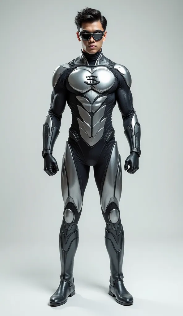  Create a realistic man ,  an attractive young male hero Steel, muscular, strong and futuristic with black hair , wearing a closed silver metallic and gray micro costume with scaled texture with black ornaments and stylized  eye mask,  and bracelets that m...