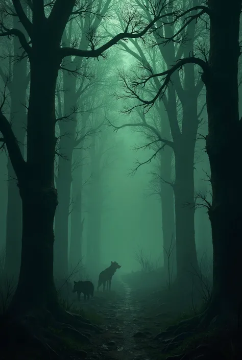 It is a gloomy dark green forest full of trees that seem to be in mourning, animals that indicate danger, and an environment that shows sadness and suffering.