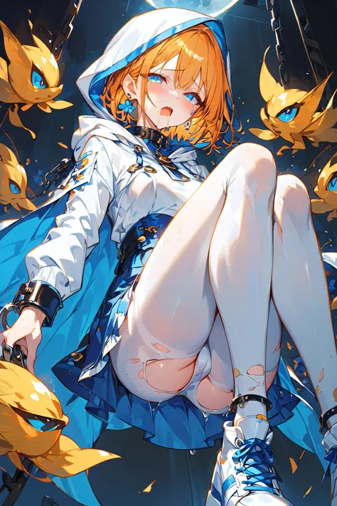 （（ 1 girl ））、（Single）、 High Resolution,   Ultra HD,  Very detailed , short hair, Light orange hair、(( small boobs））, 環狀 Earrings,  Earrings,  blue eyes,  The condominium where the collar 、（（Pure white hooded sweatshirt ））、（Wear a hood）、 Blue Skirt、Torn whi...