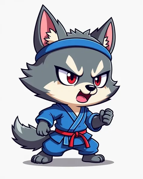 chibi cartoon Dangerous grey Wolf, Martial artist theme color royal blue