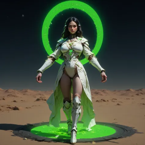 - Main Character, Adult Female "Australia", Beautiful, Tall, Long Legs, Long Hair, Halo Circle full of Green glowing carvings.

- Wearing a costume ("Full Sexy Armor").
Chest and Thigh Armor slightly open.
Futuristic Costume Design
Wearing an Emerald color...