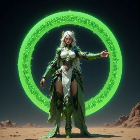 - Main Character, Adult Female "Australia", Beautiful, Tall, Long Legs, Long Hair, Halo Circle full of Green glowing carvings.

- Wearing a costume ("Full Sexy Armor").
Chest and Thigh Armor slightly open.
Futuristic Costume Design
Wearing an Emerald color...