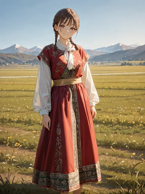 Masterpiece, hd, best quality, 1girl, brown hair, short hair, twintail, braided hair, wearing traditional dress, Mongolia dress, mountain, meadow, standing, outdoor, smile