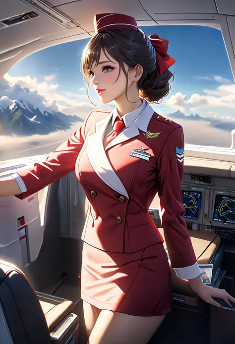  top quality,( RAW Photo:1.2),( masterpiece:1.4),( Photorealistic :1.4),( Hi-Res:1.4),  1 girl,  depth synthesis,  flight attendant , Exquisite details,8k,  extremely detailed,  perfect lighting,  Epic Backgrounds 