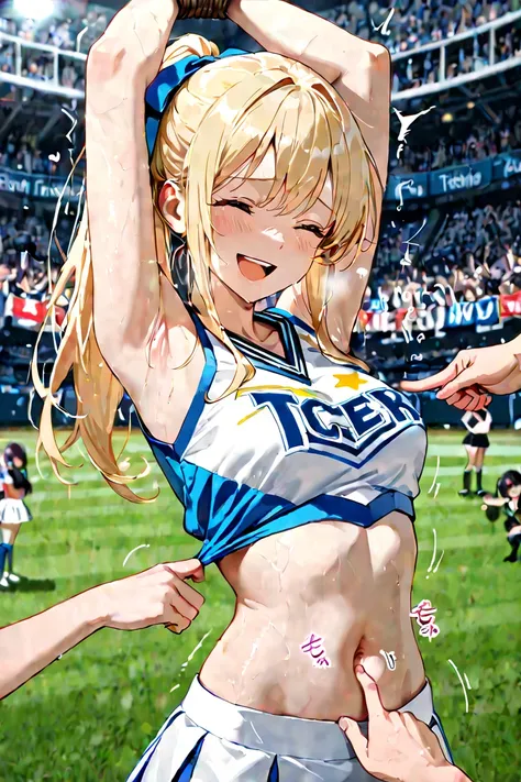 masterpiece, 3girls, 4k, cinematic, beautiful woman tied to a post in center of football field, fair skin and blonde ponytail, cheerleader uniform, stretching, arms bound above head, (exposed midriff), (perfect navel), (tickling stomach), tickling sides, (...