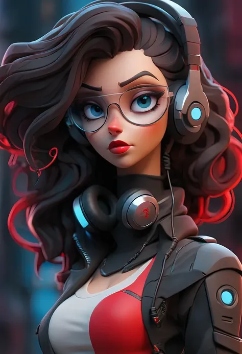   Cyborg female character with headphones and transparent futuristic glasses,  long curly hair in black color ,   blue eyes,  red lips with transparent clothes ,  transparent red latex details  , in a cyberpunk world (Giant and thin breasts )