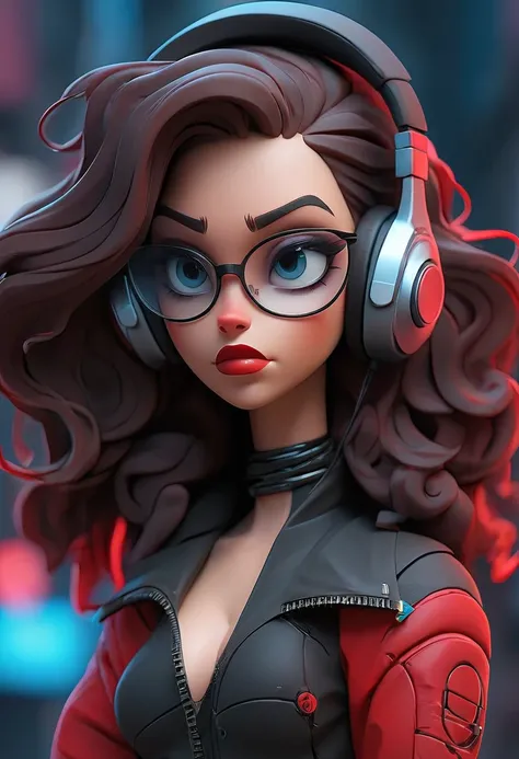   Cyborg female character with headphones and transparent futuristic glasses,  long curly hair in black color ,   blue eyes,  red lips with transparent clothes ,  transparent red latex details  , in a cyberpunk world (Giant and thin breasts )