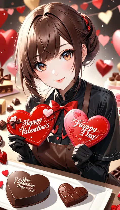 Ultra High Resolution, ((ADULT WOMAN HANDING YOU VALENTINE'S DAY CHOCOLATE ), happy valentine's day, Alone, COOL BOYISH FEMALE , Rock punk style appearance, cute and lean beauty, ( BREAK She Likes Faded Orange Chocolates , Aiming to Be a Pastry Chef , \M...