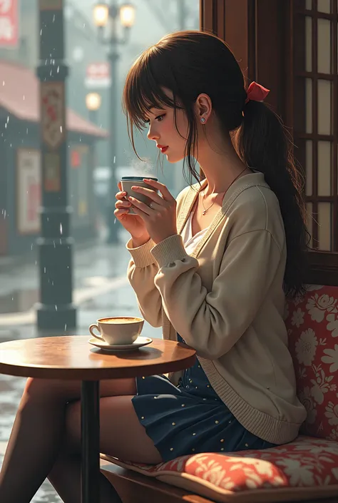  highest quality、 high resolution、( high image quality:1.2)、 Masterpiece、 detailed background on a futon、Realistic、 RAW photos 、 Quiet street corner after the rain 、
( woman drinking coffee sitting on a terrace seat at a cafe :1.5)、 spending a peaceful tim...