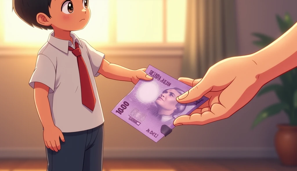 A close-up shot of Owo’s small hand, wearing his school uniform—a white short-sleeved shirt with a red tie and red shorts pants—as he reaches out to receive a purple-colored Indonesian Rupiah banknote (10,000 IDR) from Bunda’s gentle hand.

Bunda’s hand ap...