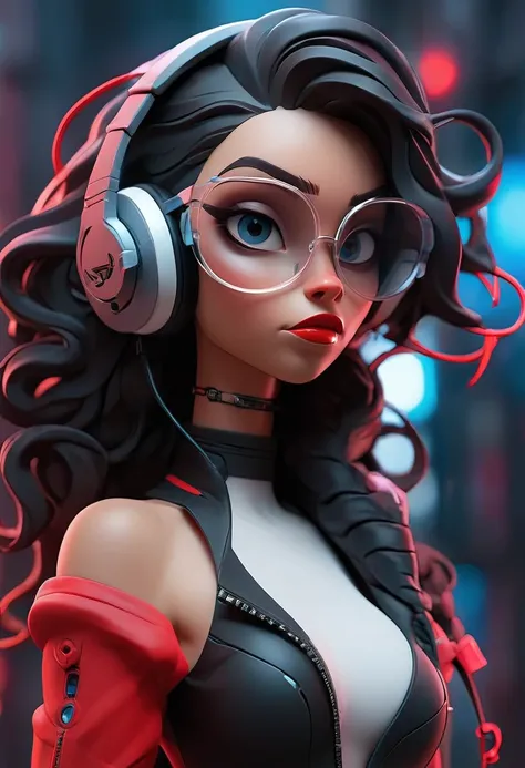   Cyborg female character with headphones and transparent futuristic glasses,  long curly hair in black color ,   blue eyes,  red lips with transparent clothes ,  transparent red latex details  , in a cyberpunk world (Giant and thin breasts )