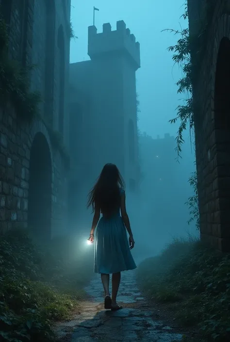  Amélie at the Château de Larmes **:  
   *"The same woman ( brown hair ,  blue dress) holding a flashlight in front of an abandoned castle at night, dense fog, broken windows --seed 1234 "*.