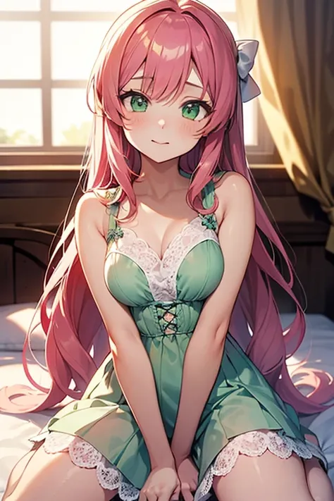 18 year old woman, pink hair, long flowy hair, green eyes, white bow in hair, round green eyes, anime, anime style, cute, kawaii, sexy, white lace outfit, in bed, golden hour