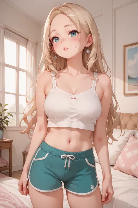   1 girl  ,  alone, masterpiece, best quality,  high resolution icon , Skip highly detailed ,  blush,  big-breasted ,  long hair, White Nashi,  dolphin pants(shorts), Modern times, living room