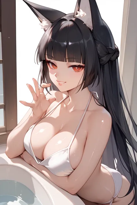 Score_9_high, Score_8_high, Score_7_high,Those_Anime-Series, hoshimi, red eyes, black hair, very long hair, blunt bangs, braid, fox ears, big breasts, looks at the viewer,black bikini, bathroom, sexy pose,sexy smile,whole body, seductive look,downblouse , ...