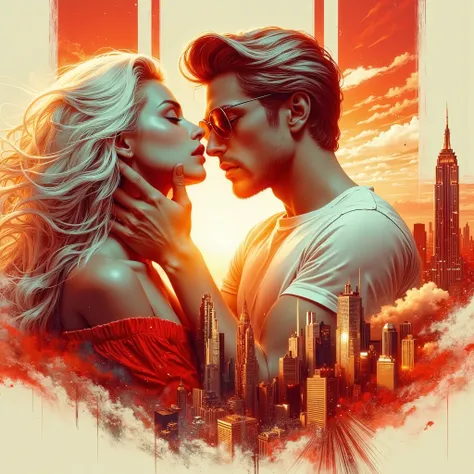(EXTREMALLY DETAILED, extremally contrasting, ULTRA-vivid and VIBRANT, ultratextured, Ultimate Quality: 1.4) glossing full-body scene Photo for love novel. Full-body Brutal cool rich man in fashionable t-shirt press to kiss flirting possionate blonde naiv ...