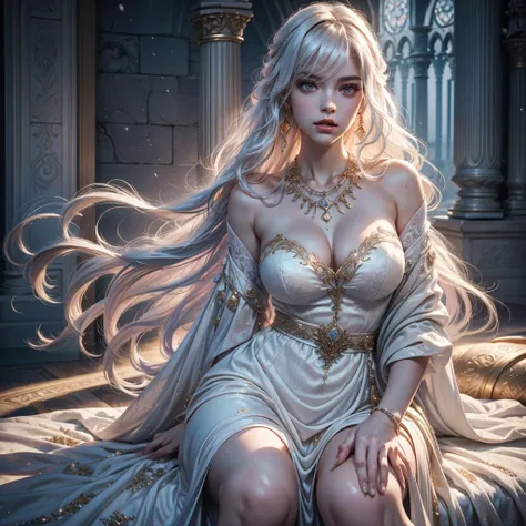 (best quality,highres),(realistic:1.37), a beautiful 18-year-old woman Valyrian, solo, alone, with a detailed and beautiful face with detailed purple eyes, pale pink lips, very long wavy snow white hair reaching her knees, wavy bangs, white eyelashes, larg...