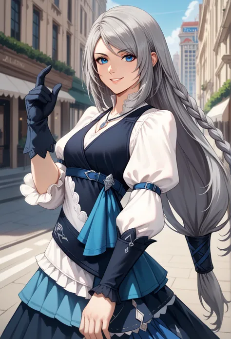  score_9,  score_8_high,  score_7_high, Those_Anime-Series, Alone,  1 girl, Jlwrck,  smile,   looking at you  ,  long hair, grey hair,  single braid ,  side braid,  blue eyes, Dress,  white shirt , necklace, puffy sleeves, blue vest, Blue belt ,  black glo...