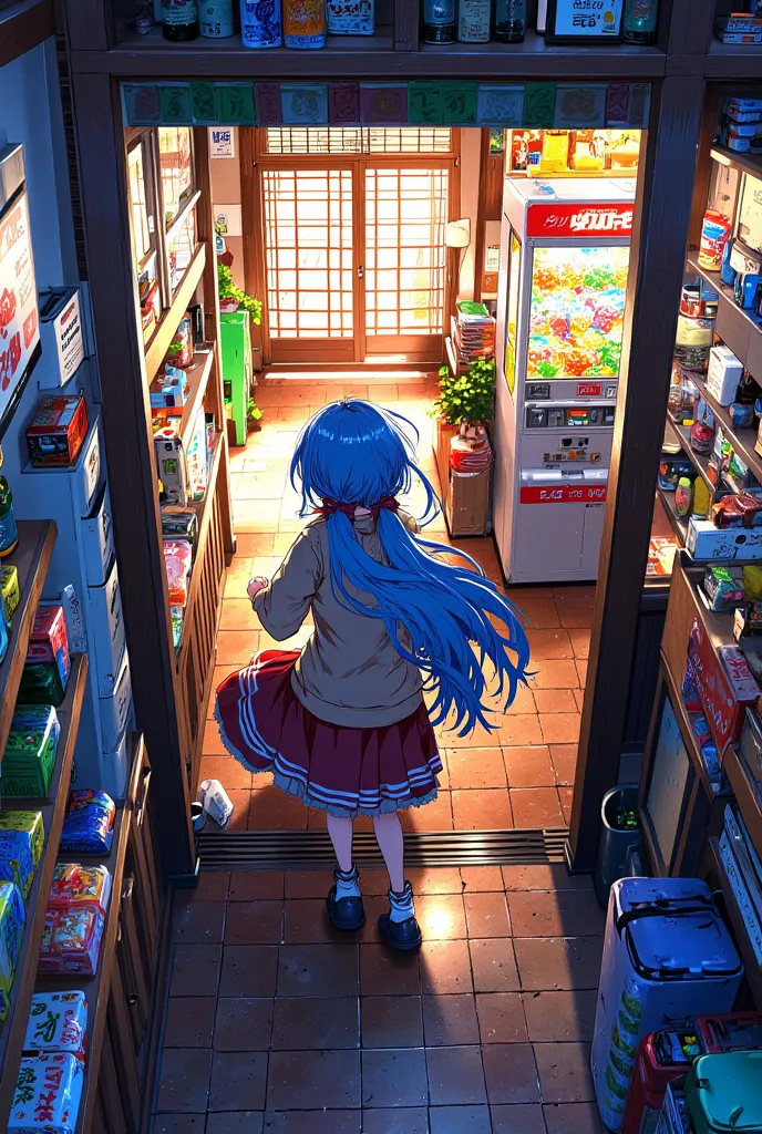 1girl, view from above, dynamic side, in a traditional Japanese candy shop in the village,Crouching in front of the gashapon,Gashapon action figures,Girl with long blue hair in pigtails Braid,High Resolution, Masterpiece, Accurate, Anatomically Correct, Aw...