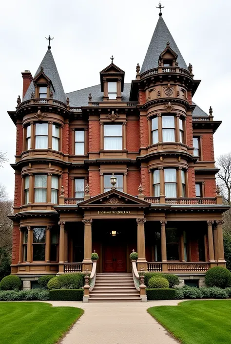 "A luxurious 5-story Victorian-style mansion with intricate architectural details. The house features large bay windows, decorative moldings, grand wooden staircases, and elegant stonework. The exterior is made of brick with ornate trim and high-quality wi...