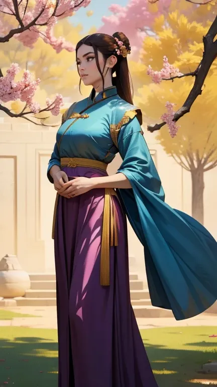 A beautiful girl in ancient China, dignified temperament, flowing long skirt, huge crape myrtle, standing in the sun, clear face, masterpiece, super detailed, epic composition, high quality, highest quality, 4k --v 6