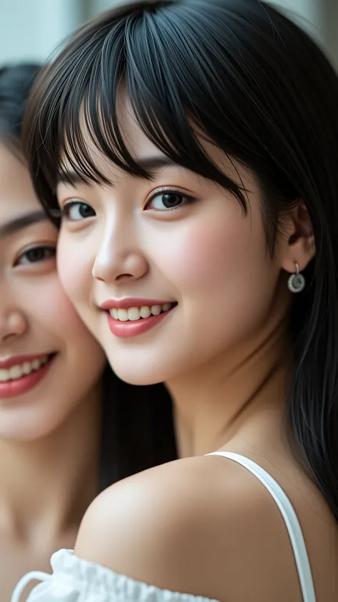  top quality,  face focus,  soft lights,   Supernatural, ( photo realistic :1.4),  RAW photos , A young, beautiful Japanese woman with a well-groomed short mullet hairstyle embraces a smiling, long-haired, young, beautiful, bare chested Japanese woman with...