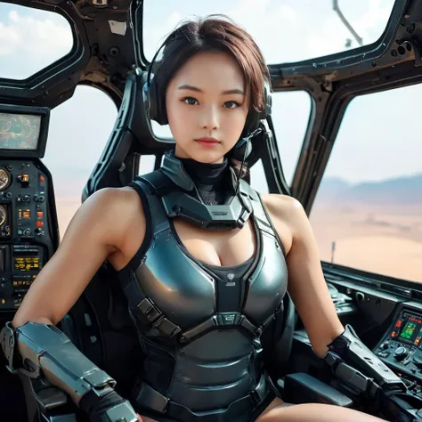 Highly detailed photo of a Japanese women, SF soldier, 30yo, (Mech warrior of women mercenary, (military tank top)), sitting like a queen, Stately and dignified, Very dissatisfied look, (headset, Powerful and beautiful eyes, (female bodybuilder's body), 8K...