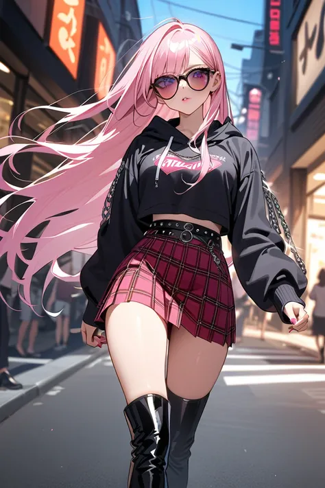 1 girl, masterpiece,  high resolution, accurate,  high detail,"A stylish gyaru high school girl with sleek, straight pink long hair and tanned skin, confidently walking through a trendy shopping district in broad daylight. She wears a black cropped hoodie,...