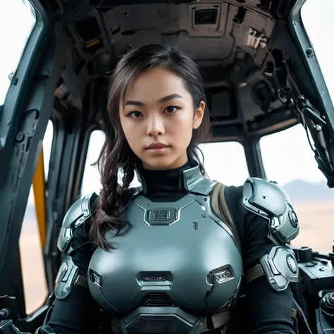 Highly detailed photo of a Japanese women, SF soldier, 30yo, (Mech warrior of women mercenary, (military tank top)), sitting like a queen, Stately and dignified, Very dissatisfied look, (headset, Powerful and beautiful eyes, (female bodybuilder's body), 8K...