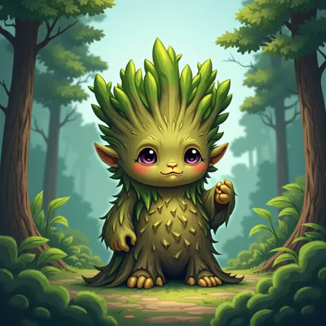 spirit "pine tree humanoid", Chibi style, stocky, barklike skin