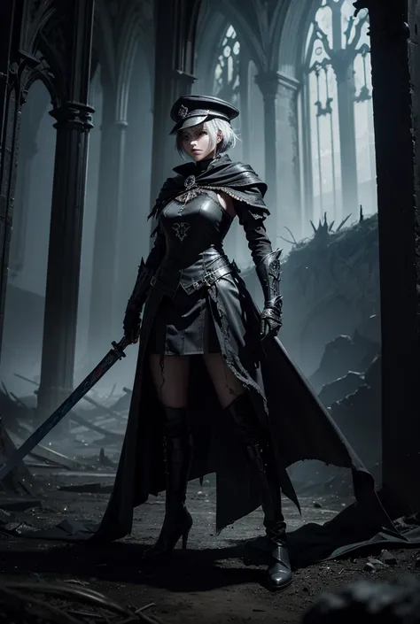 "A dark and atmospheric scene where the Viking-inspired 2B stands in a Gothic, Soulsborne-inspired world. She is in the middle of a crumbling cathedral, with towering stone pillars, broken stained glass windows, and flickering candles casting eerie shadows...