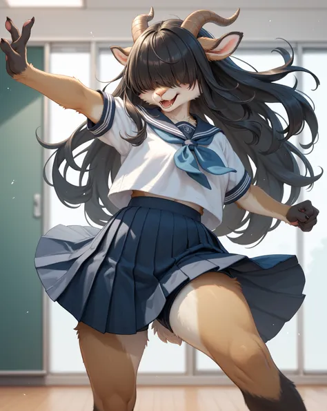 school girl , furry female goat , geek , Introvert , long hair , bangs , hair over eyes , school uniform , bold action , ballet pose , skirt over gym shorts