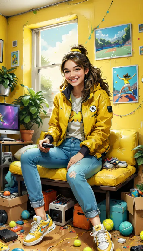 A high definition hand drawn illustration of a beautiful woman, sitting playing video games, dressed in a bright yellow jacket, jeans and tennis shoes, smiling happily immersed in the game, the place is a messy room, on the walls you can see decorations al...