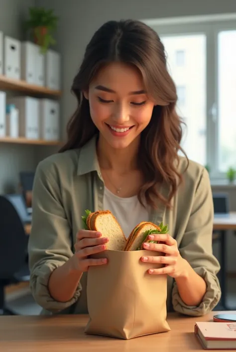 Mia checks her lunch bag and sees she has two sandwiches.