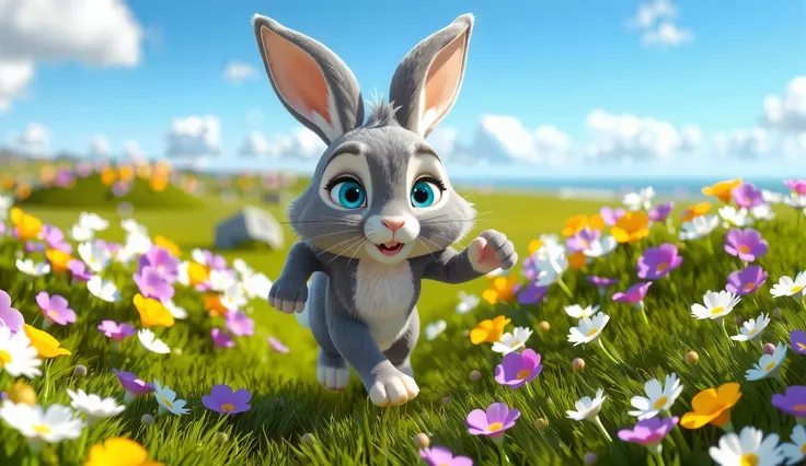 Rabbit Little Chicken Piece-Full View 3D,Chicken Piece, Rabbit Little Chicken Piece,Vivid 3D animation, sunny beach with a green grassy field full of colorful flowers, a soft gray rabbit with bright eyes and fluttering whiskers runs happily towards the cam...