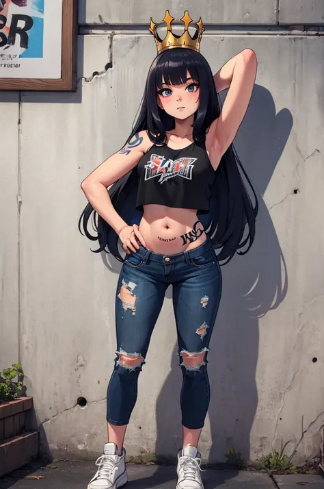 Teenage girl, , fringe,  crown, with arms back,  posing against the wall and showing off her sexy belly, wearing women's top ,  ripped pants and sneakers all star .  several tattoos on the body and belly . making a face, with no object over your head
