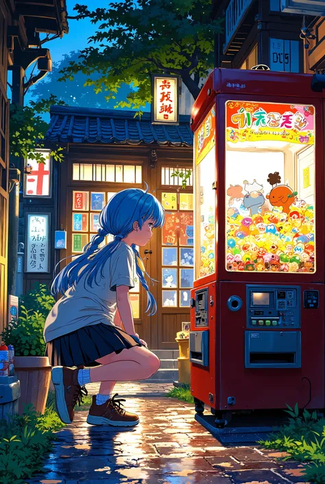 1girl, view from above, in a traditional Japanese candy shop in the village,Crouching in front of the gashapon,Gashapon action figures,Girl with long blue hair in pigtails Braid,High Resolution, Masterpiece, Accurate, Anatomically Correct, Award Winning, B...