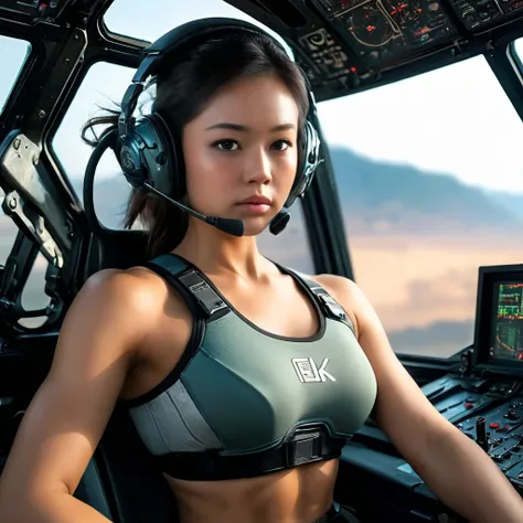 Highly detailed photo of a Japanese women, SF soldier, 30yo, (Mech warrior of women mercenary, (military tank top)), sitting like a queen, Stately and dignified, Very dissatisfied look, (headset, Powerful and beautiful eyes, (female bodybuilder's body), 8K...