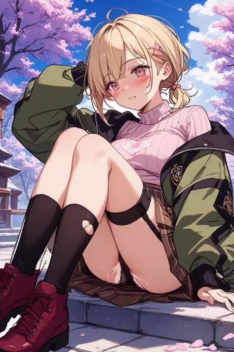  Light Blonde、Pale pink eyes、 Unkempt Short Hair 、 lower ponytail、Light Pink Ripped Sweater 、 Green Oversized Jacket、 brown skirt、 brown knee-high、 zitoida、 High Quality 、 tattered、Hurt、My clothes are full of holes、despair、blush、 has exposed skin