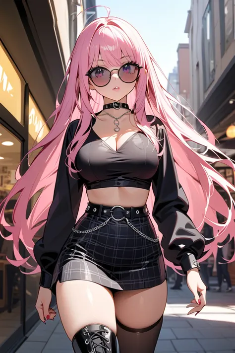 1 girl, masterpiece,  high resolution, accurate,  high detail,"A stylish improve high school girl with sleek, straight pink long hair and tanned skin, confidently walking through a trendy shopping district in broad daylight. improve, lace-up cropped top, f...