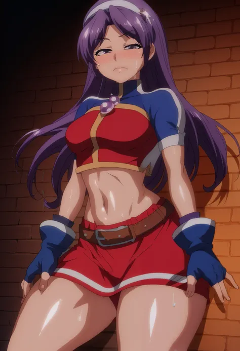 Masterpiece, best quality,petite girl,ATHKOF2002, purple hair, long hair, purple eyes, white hairband, blue sleeves, pearl (gemstone), short sleeves, red top, belt, fingerless gloves, navel, red skirt, biker shorts, nose blush, solo, seductive pose,cowboy ...
