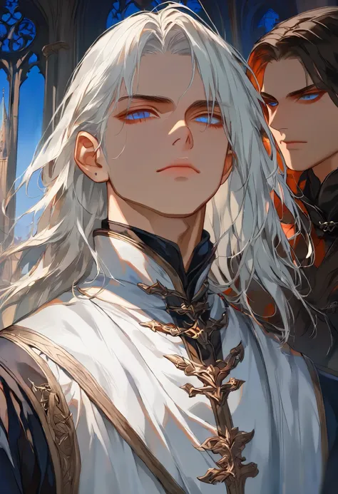 Handsome nerdy male, Man in medieval europe cloth, medieval europe style, white hair, dark brown skin color, Strong shoulder width, A man in his 30s with shy expression, detailed background, (masterpiece:1.21),(bestquality:1.21), 8k, high detailed,ultra-de...