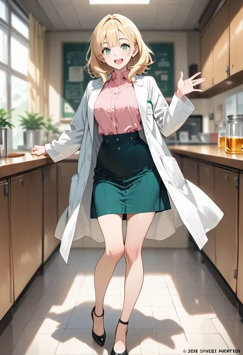 1girl,solo, medium hair, Honey blonde hair, light green eyes, green lab coat, \\BREAK shiny skin,  happy smile, looking at viewer, blurry background, open mouth, smile,25 years old good anatomy, perfect anatomy, perfect fingers, perfect hands, (masterpiece...