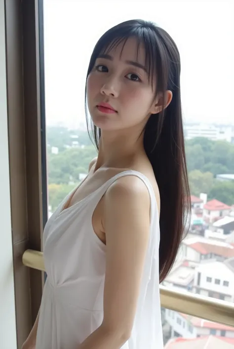 High definition professional photography style, natural skin texture. This is a high-resolution photograph of a young Asian woman standing by a window, looking out at a bustling cityscape. She has a porcelain complexion, long, silky black hair that cascade...