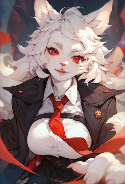  Furry wolf girl with white hair, white ears ,  white skin,  red eyes,  red tie , black suit and black skirt 
