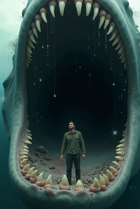 Man inside the mouth of a whale 