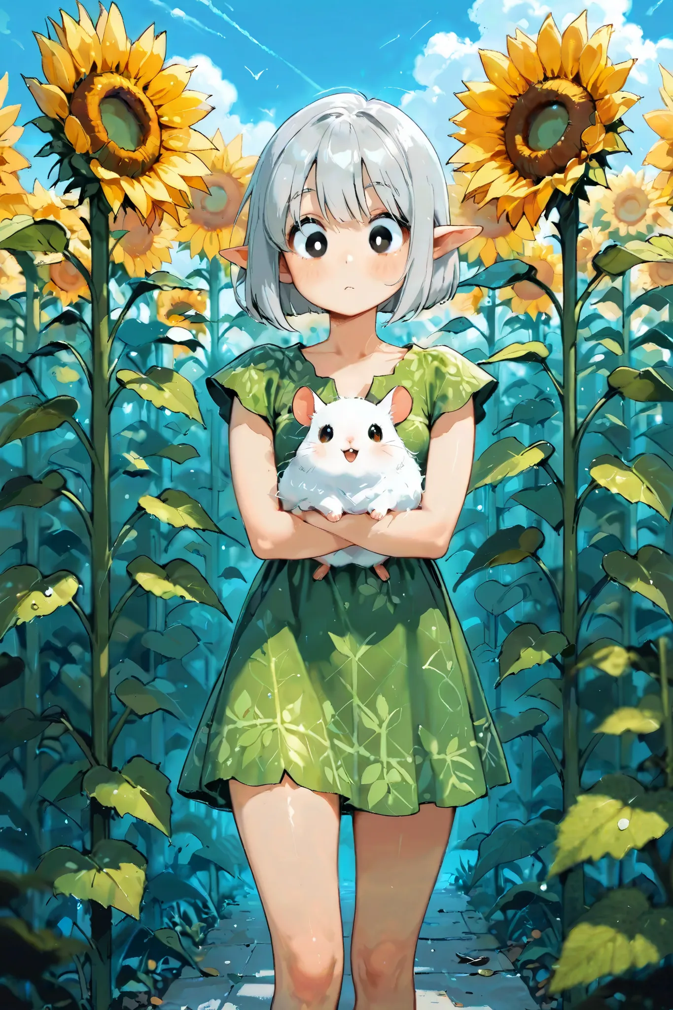 score_9, score_8_up, score_7_up, UHD, Masterpiece, UHD, 1girl\solo\(hamuko-chan, elf, silver bob cut,  Intricate:1.3\Green leaf dress), BREAK, (Cute animal hamster\animal, Djungarian, round eyes, fluffy fur), BREAK, BREAK, Soft and gentle sunflower field, ...