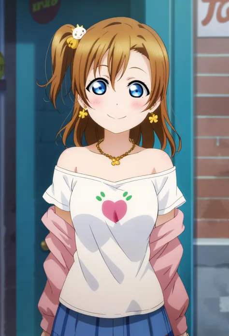 (Masterpiece, Best Quality, High Quality), anime style, love live,kousaka honoka , kousaka honoka,id_honoka_kosaka,love live, blue eyes, brown hair, 8k wallpaper, looking at viewer, earrings, erotic figure, off shoulder t-shirt, necklace, cowboy shot,in st...